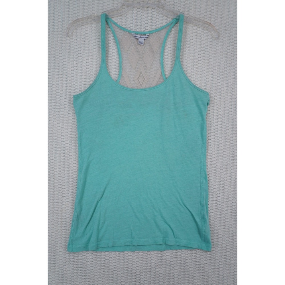 American Eagle Tank Top Shirt Womens Medium Blue White Lace Back Spaghetti Strap